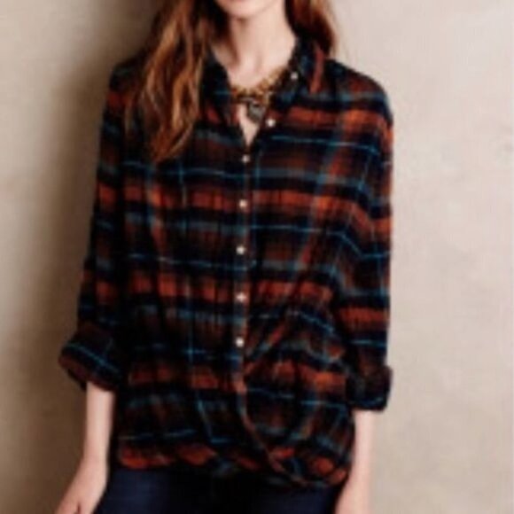 Anthropologie Isabella Sinclair Plaid Twisted Button Down Blue Orange XS Womens - Picture 12 of 14